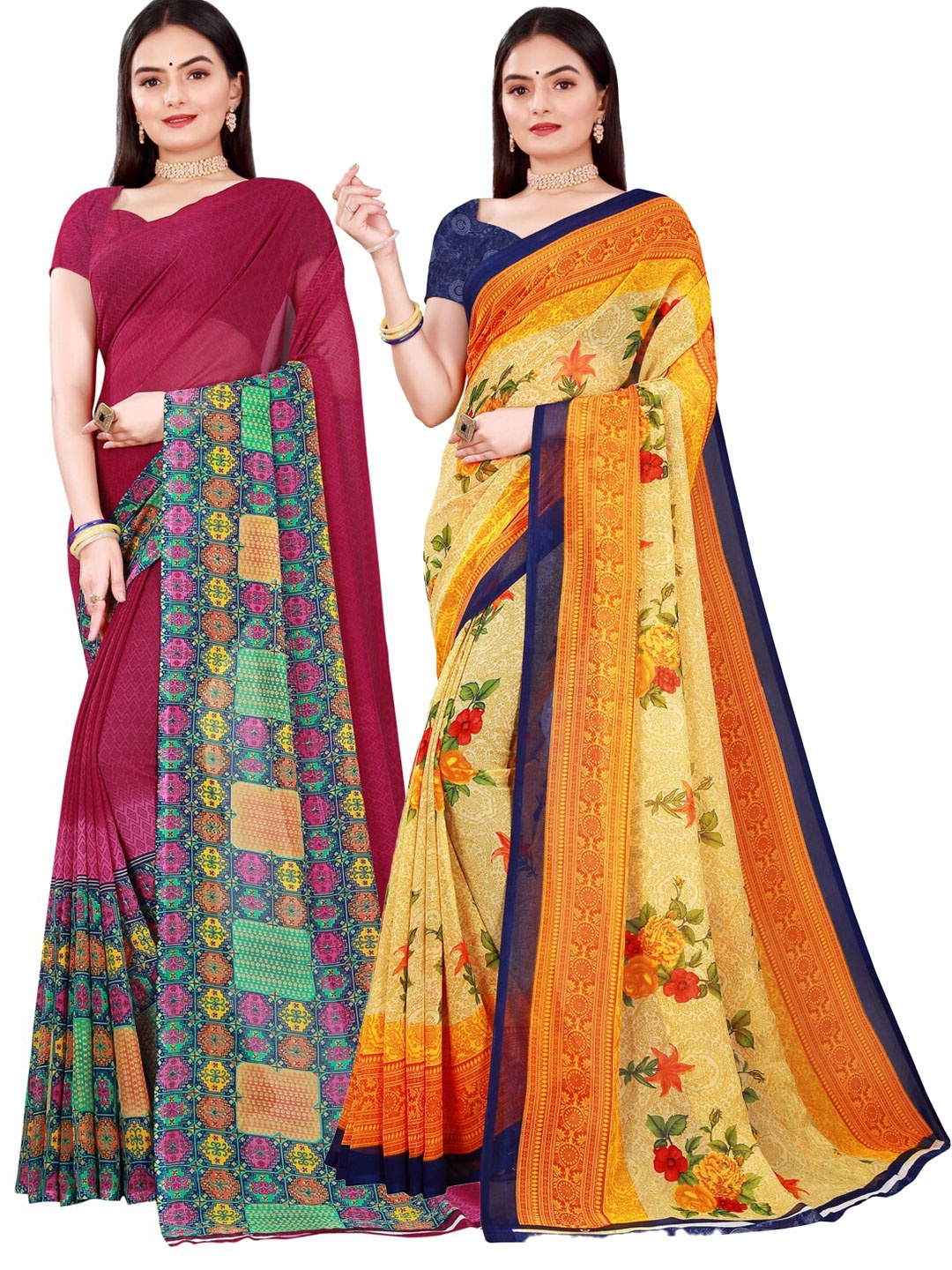 

SAADHVI Pack of 2 Beige & Maroon Pure Georgette Sarees