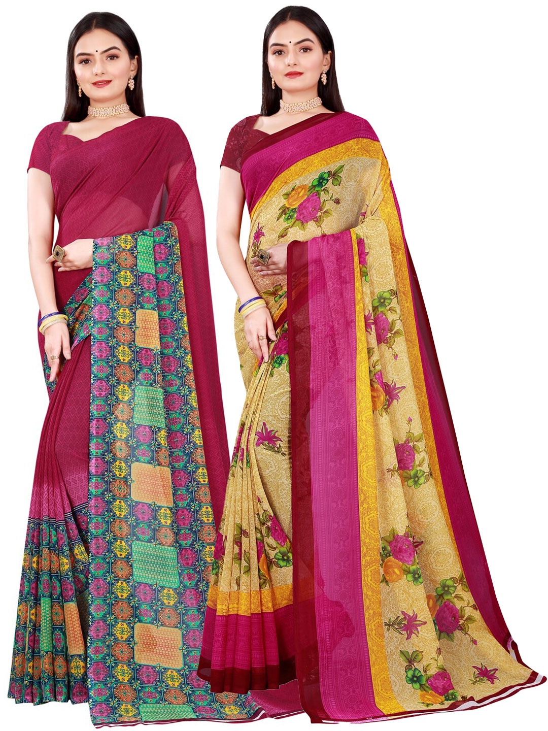

SAADHVI Pack of 2 Beige & Maroon Floral Pure Georgette Saree