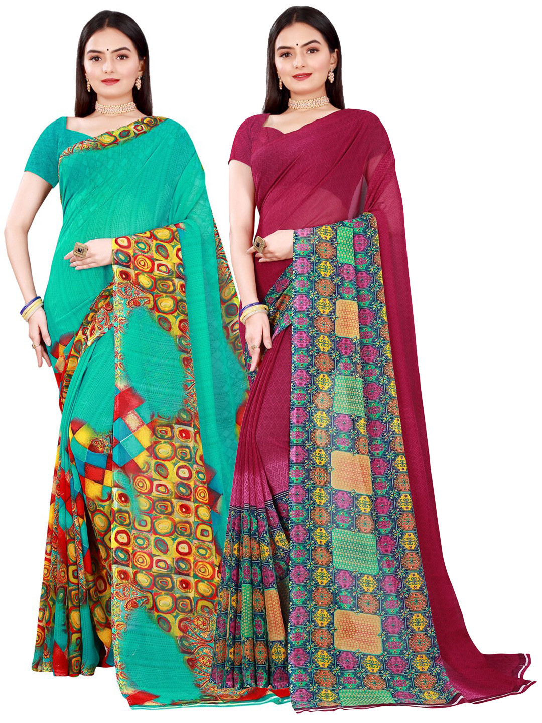 

SAADHVI Maroon & Green Pack of 2 Floral Pure Georgette Saree
