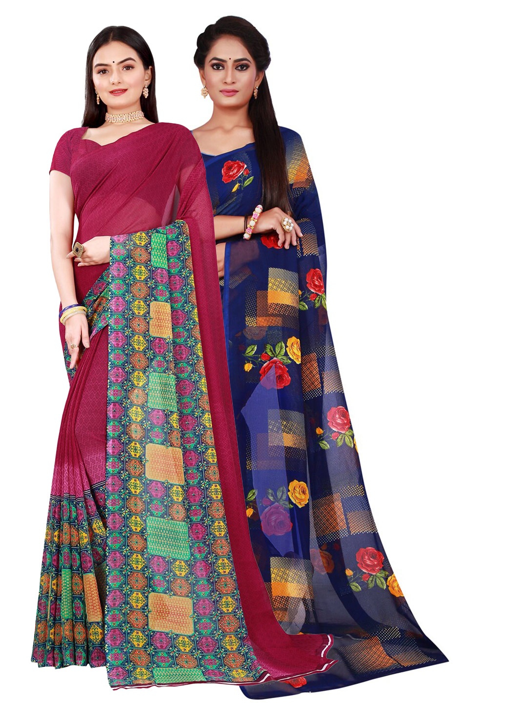 

SAADHVI Set Of 2 Maroon & Navy Blue Printed Pure Georgette Saree