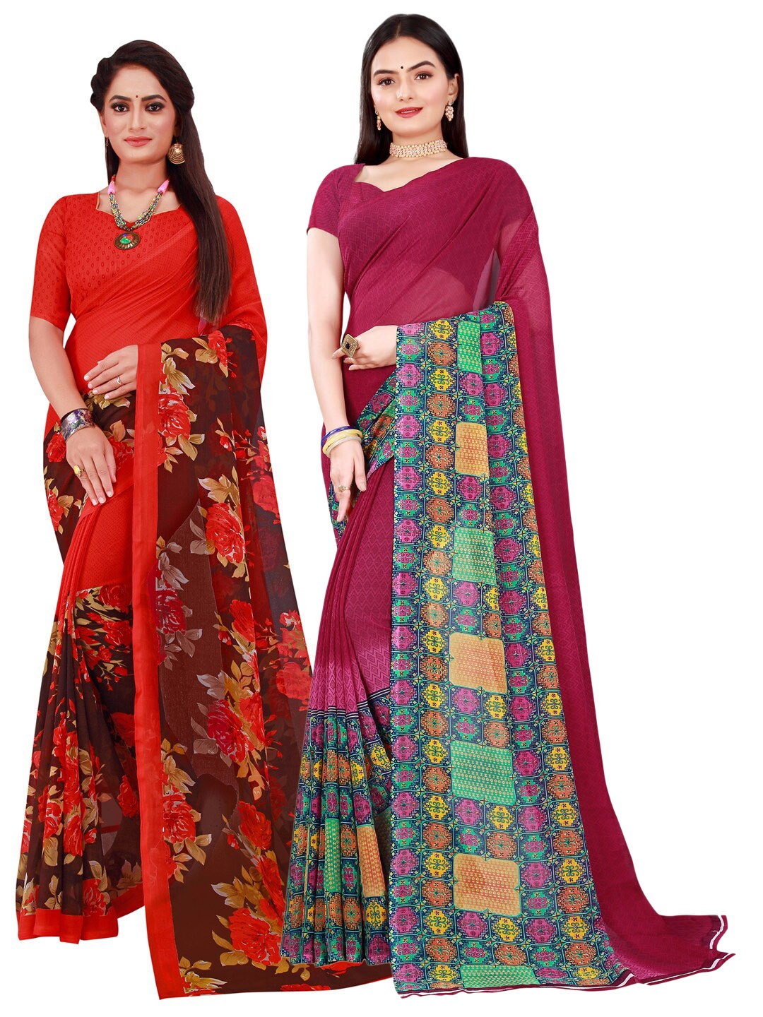 

SAADHVI Pack of 2 Burgundy & Red Pure Georgette Saree