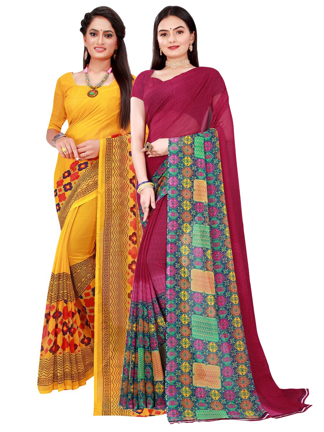 

SAADHVI Set Of 2 Yellow & Maroon Floral Pure Georgette Saree