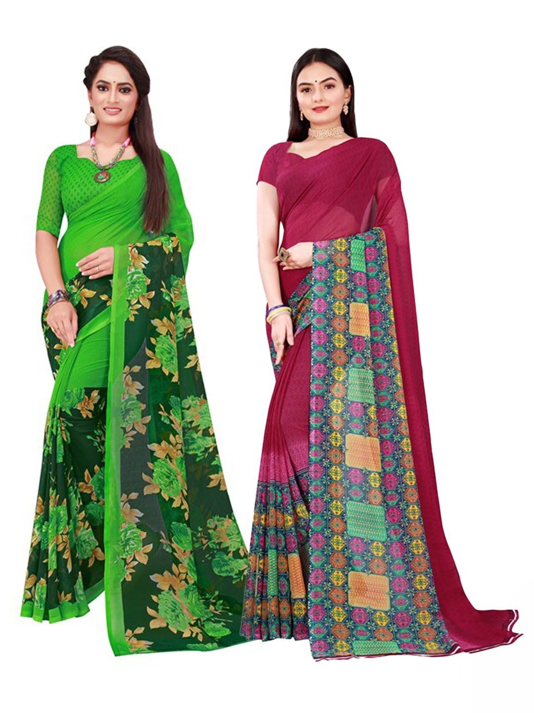 

SAADHVI Pack of 2 Maroon & Green Pure Georgette Saree