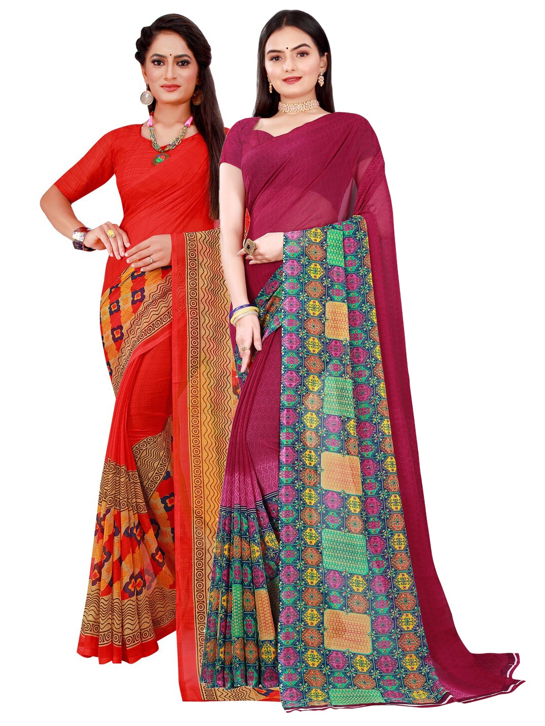 

SAADHVI Pack of 2 Orange & Pink Ethnic Motifs Pure Georgette Saree