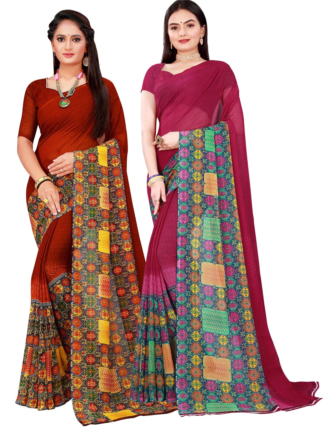 

SAADHVI Pack of 2 Maroon & Pink Pure Georgette Saree