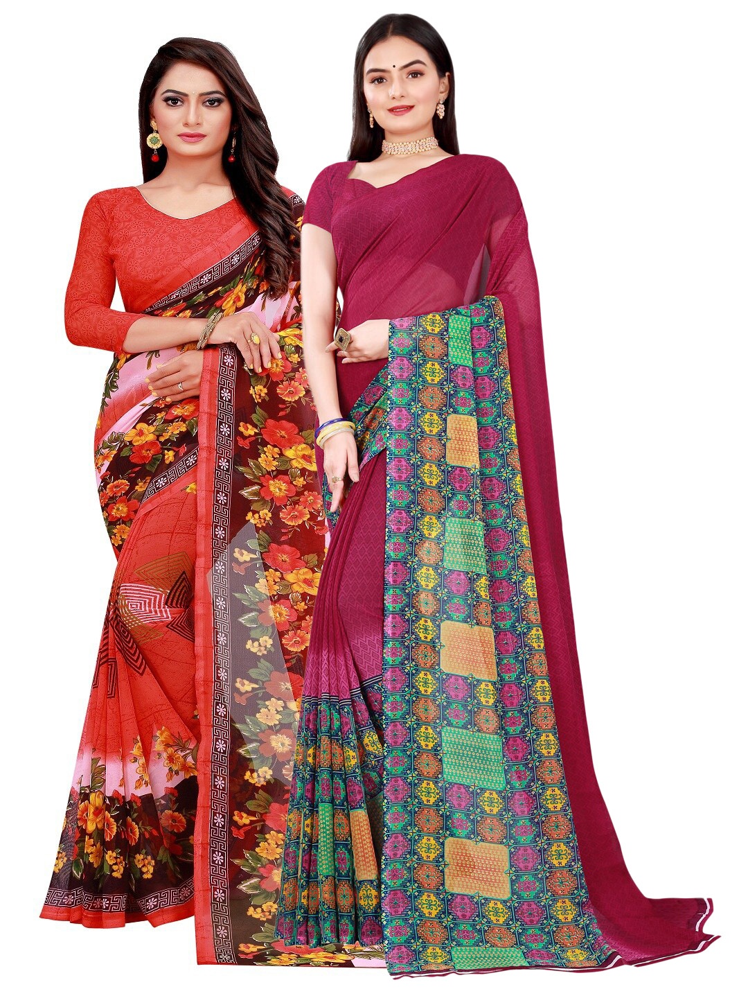 

SAADHVI Maroon & Red Floral Pure Georgette Pack Of 2 Saree