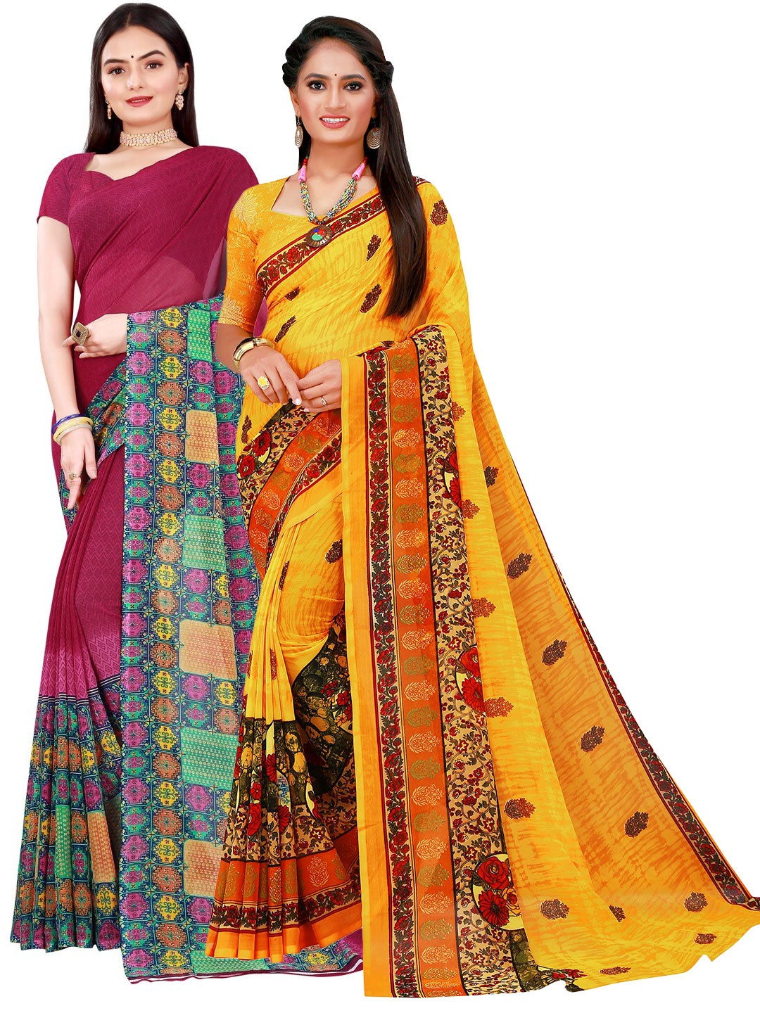 

SAADHVI Maroon & Brown Pack Of 2 Floral Pure Georgette Saree