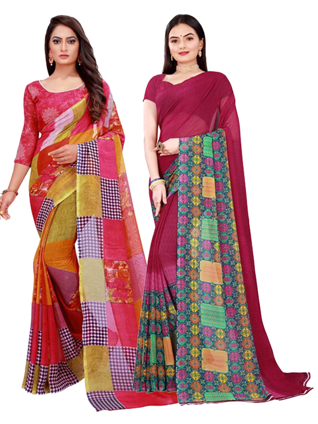 

SAADHVI Set Of 2 Red & Maroon Pure Georgette Sarees
