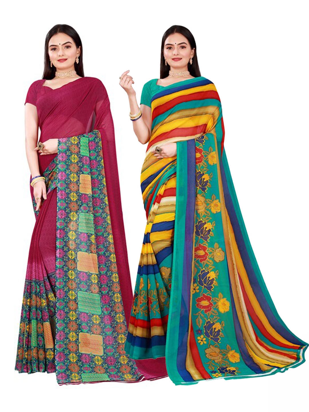 

SAADHVI Pack of 2 Burgundy & Navy Blue Pure Georgette Saree