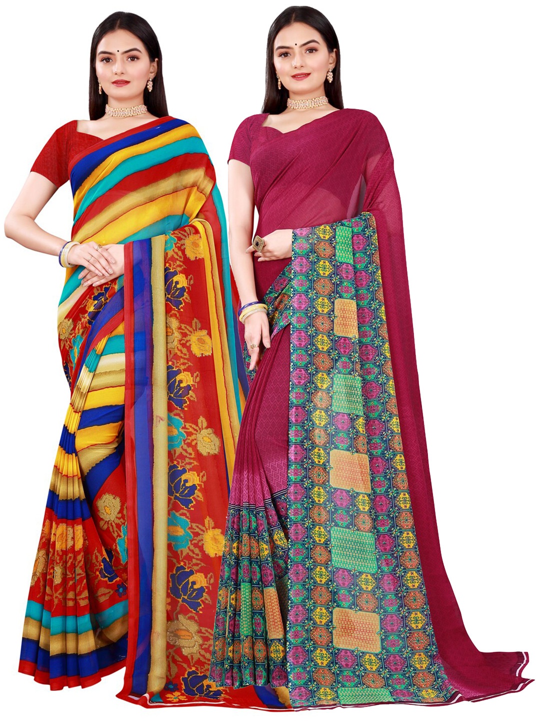 

SAADHVI Set Of 2 Maroon & Blue Floral Pure Georgette Saree