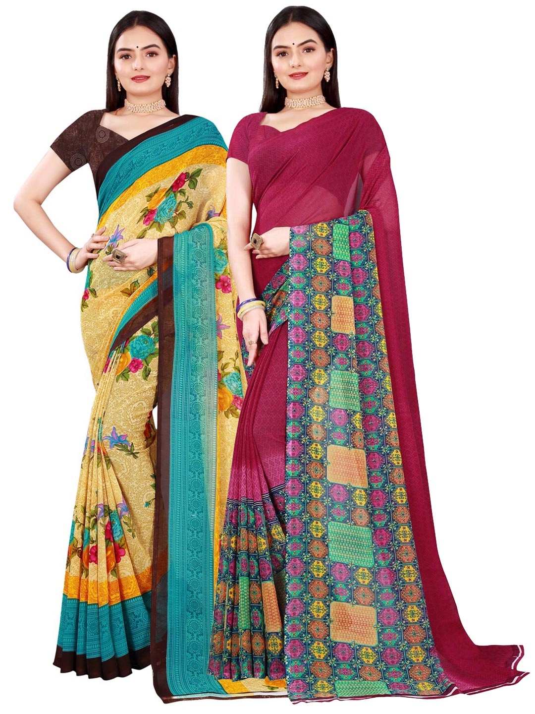 

SAADHVI Pack Of 2 Beige & Maroon Floral Pure Georgette Saree