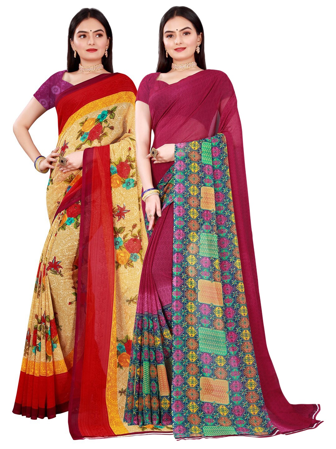 

SAADHVI Pack of 2 Beige & Maroon Pure Georgette Saree