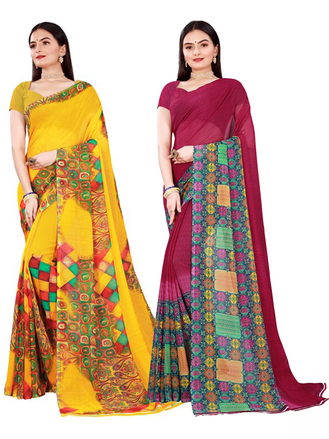 

SAADHVI Pack of 2 Maroon & Yellow Pure Georgette Saree