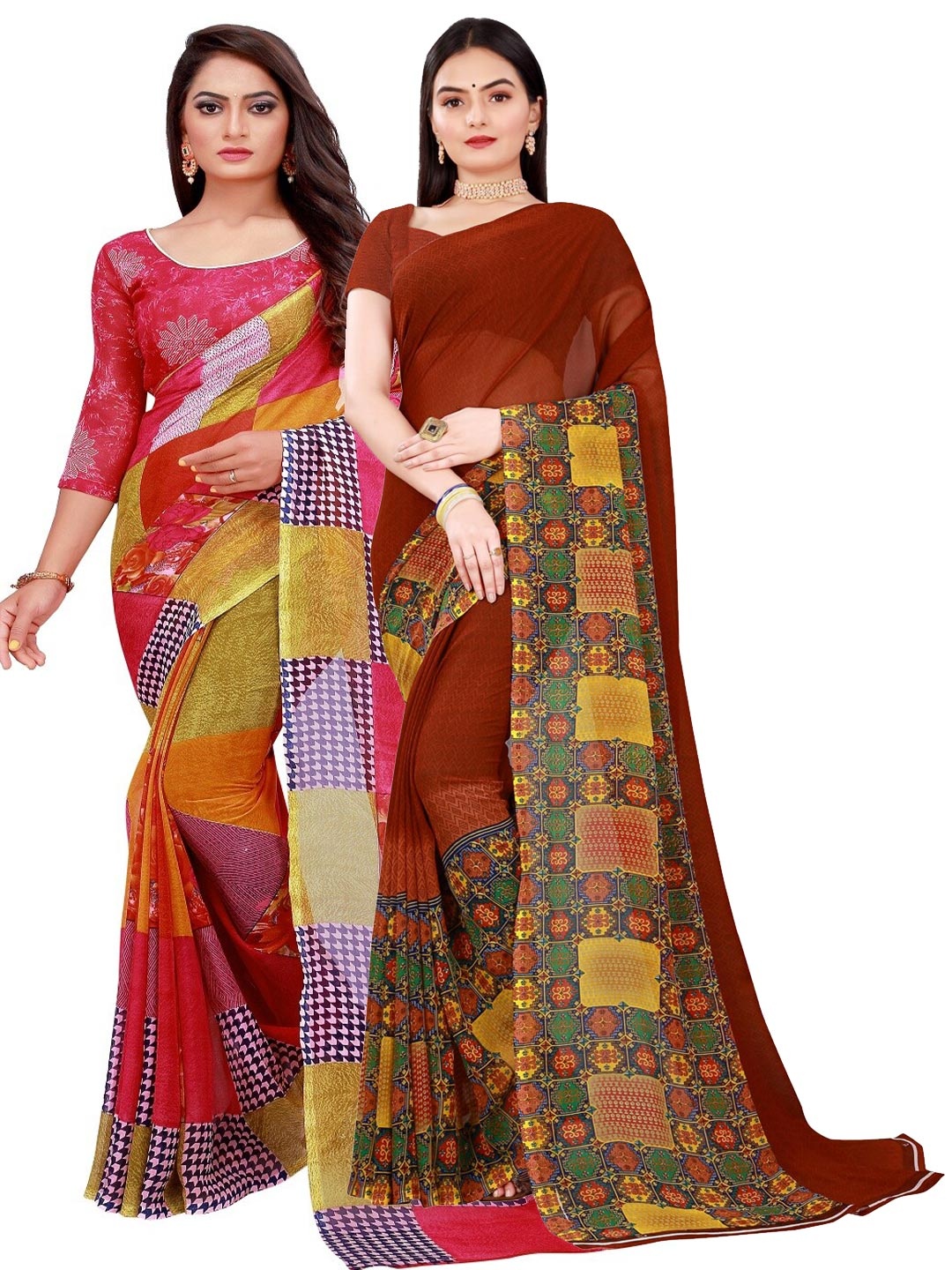 

SAADHVI Pack Of 2 Red & Brown Printed Pure Georgette Saree With Unstitched Blouse