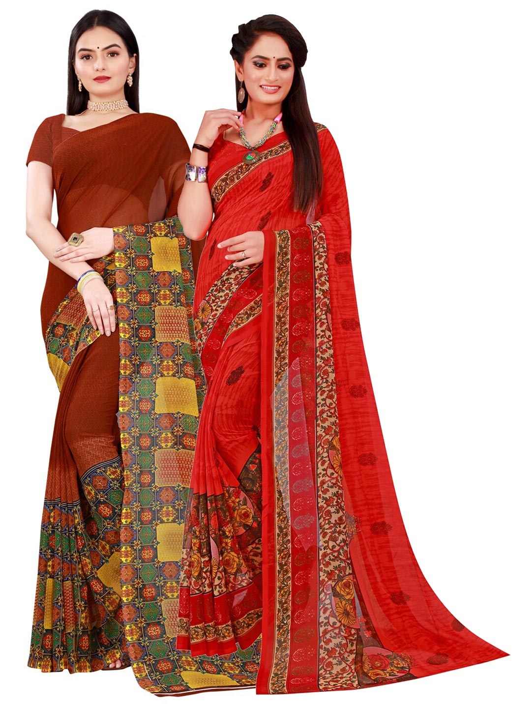 

SAADHVI Pack of 2 Brown & Red Ethnic Motifs Pure Georgette Saree