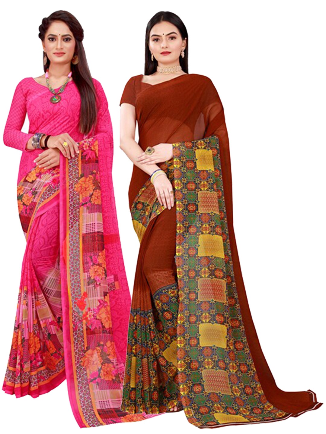 

SAADHVI Pack of 2 Pink & Yellow Pure Georgette Sarees