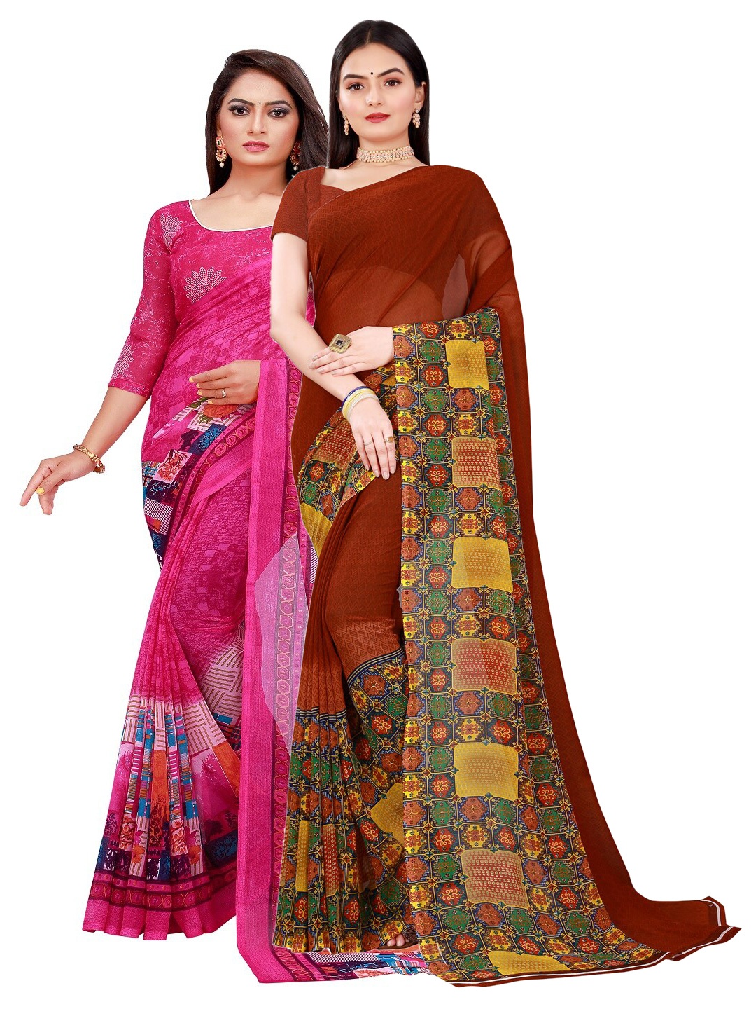 

SAADHVI Magenta & Brown Floral Pure Georgette Pack Of 2 Saree