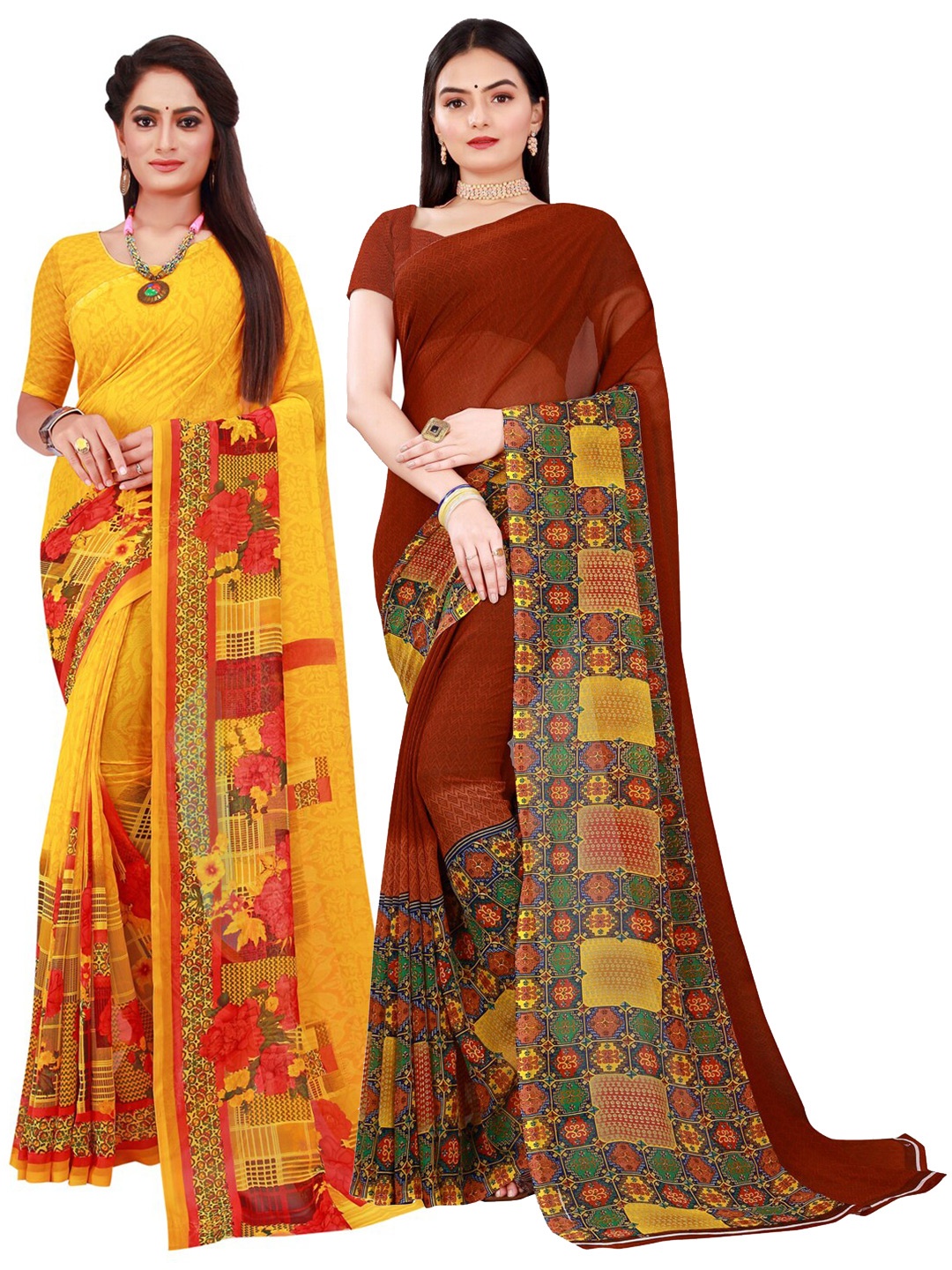 

SAADHVI Pack of 2 Yellow & Brown Floral Pure Georgette Saree