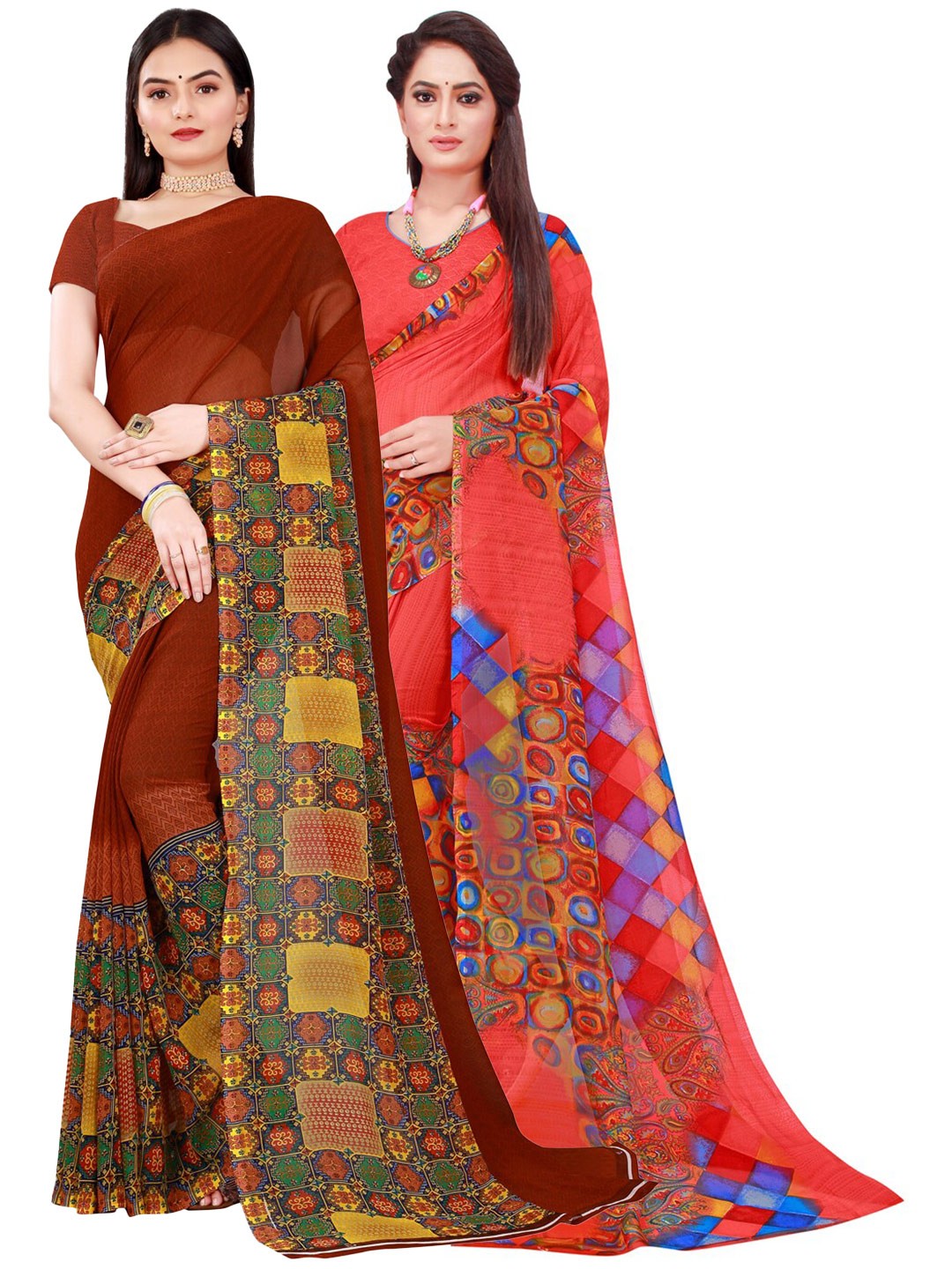 

SAADHVI Set Of 2 Brown & Red Printed Pure Georgette Saree