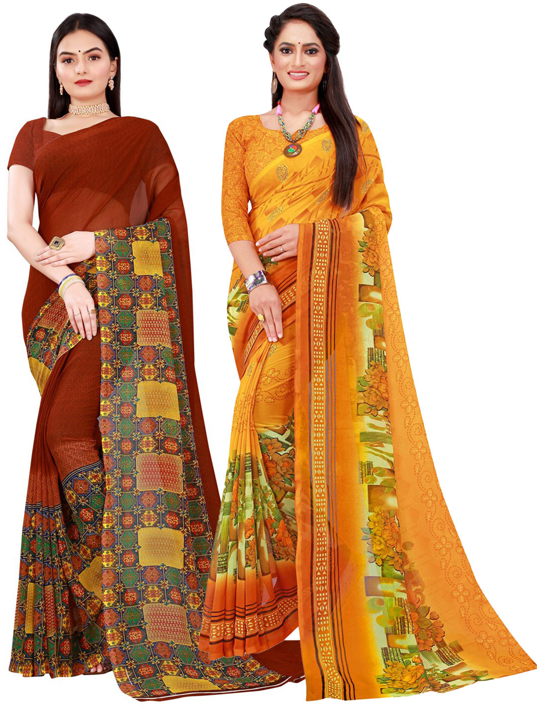 

SAADHVI Brown & Yellow Pack of 2 Floral Pure Georgette Saree