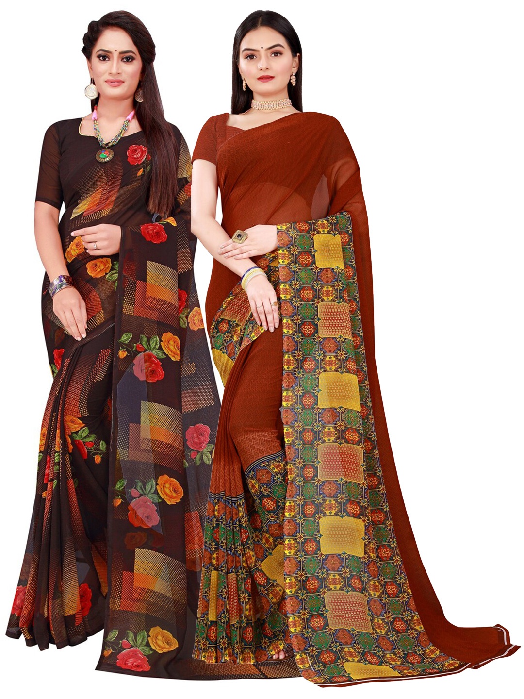 

SAADHVI Brown & Red Pure Georgette Saree