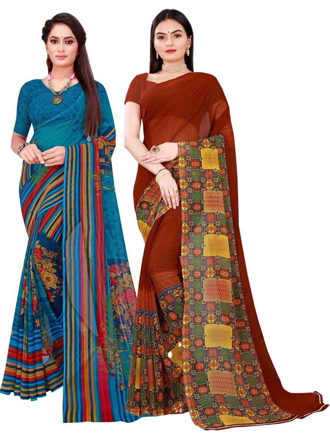 

SAADHVI Pack of 2 Brown & Blue Pure Georgette Saree