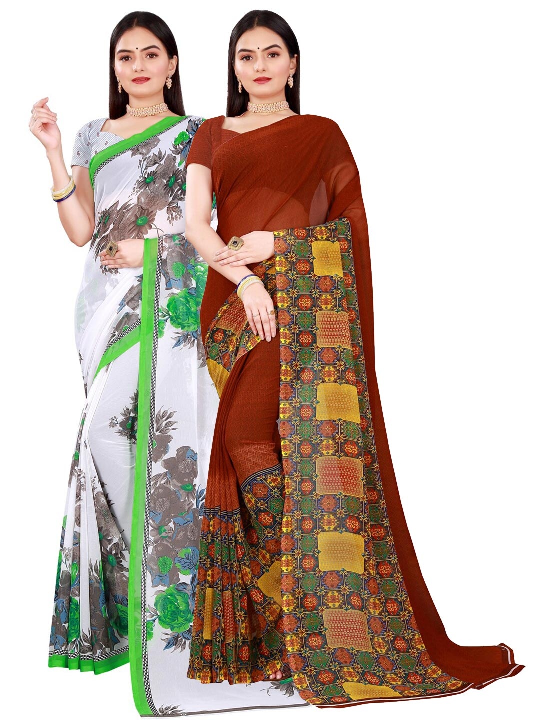 

SAADHVI Set Of 2 Brown & White Floral Pure Georgette Sarees