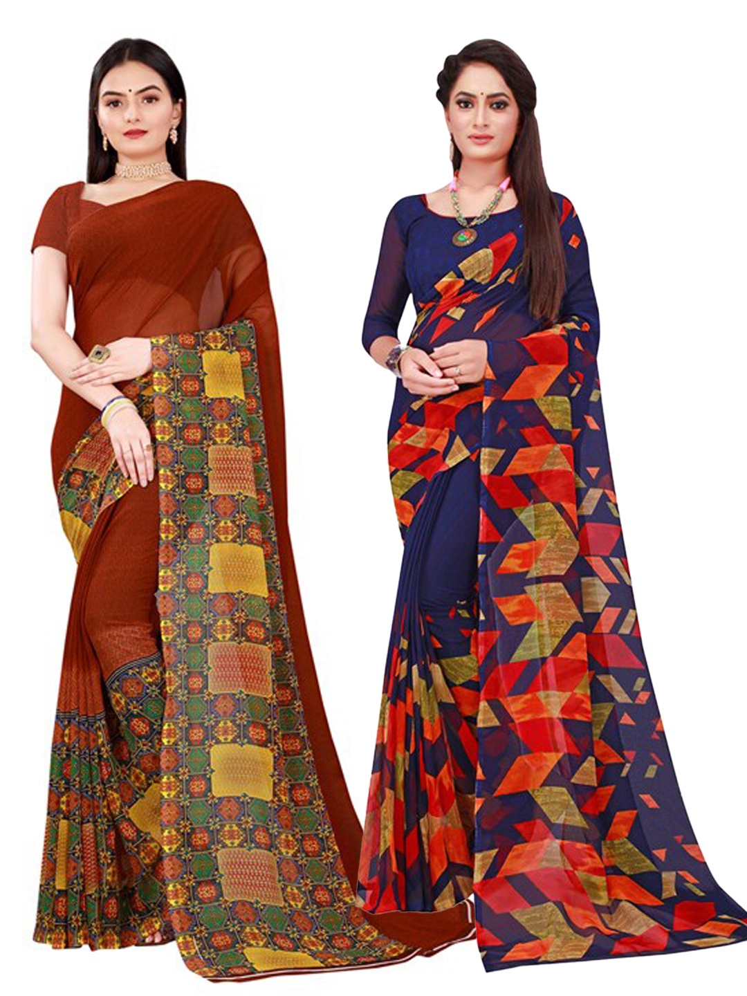 

SAADHVI Pack of 2 Navy Blue & Brown Pure Georgette Saree