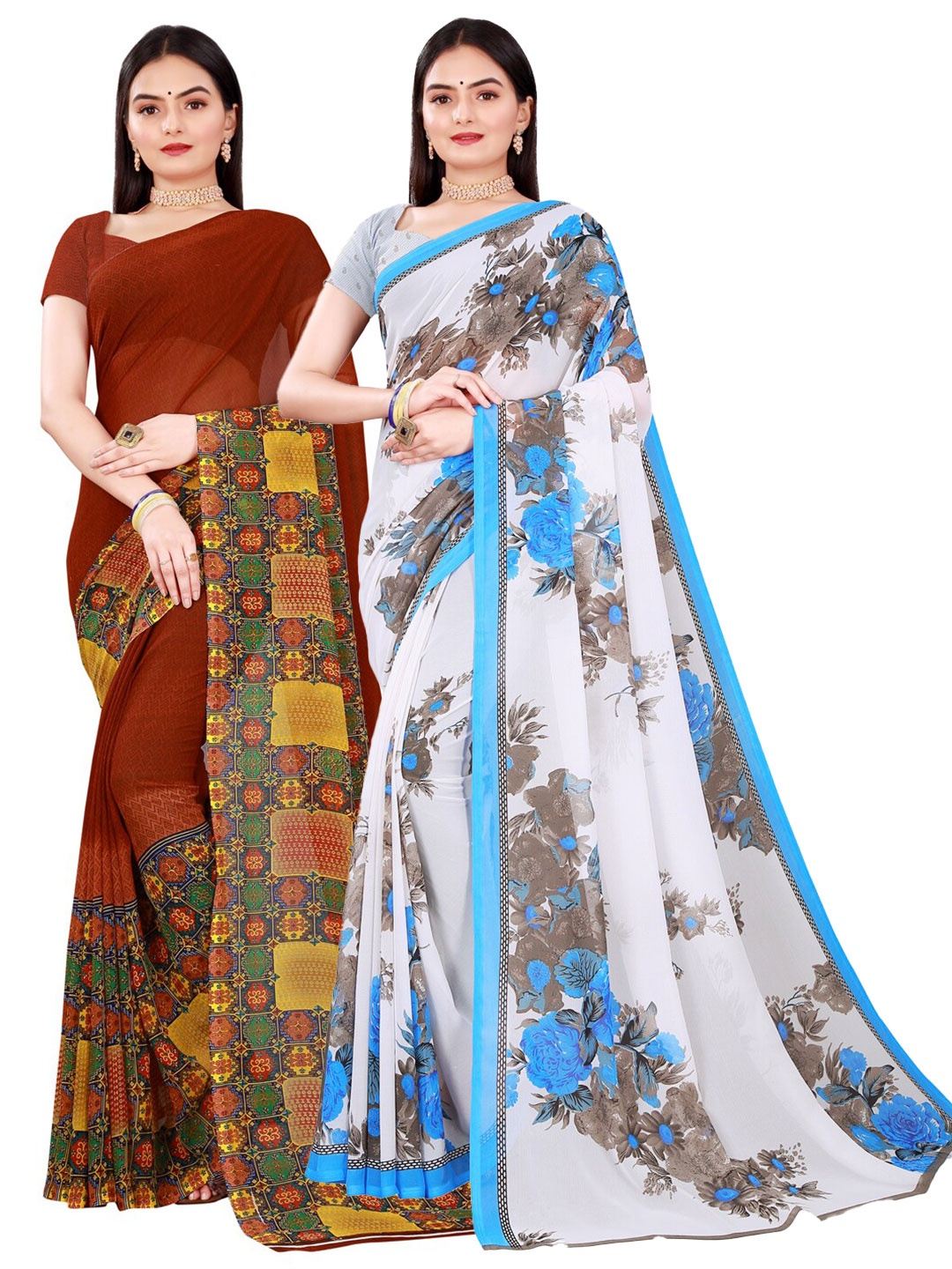 

SAADHVI Women Pack Of 2 Brown & White Printed Pure Georgette Saree