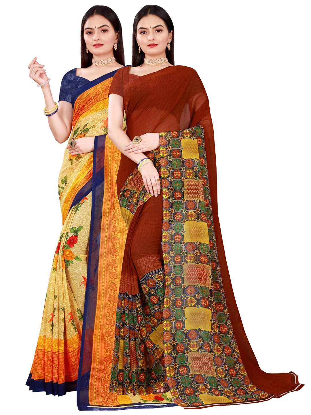 

SAADHVI Beige & Brown Set Of 2 Printed Pure Georgette Saree