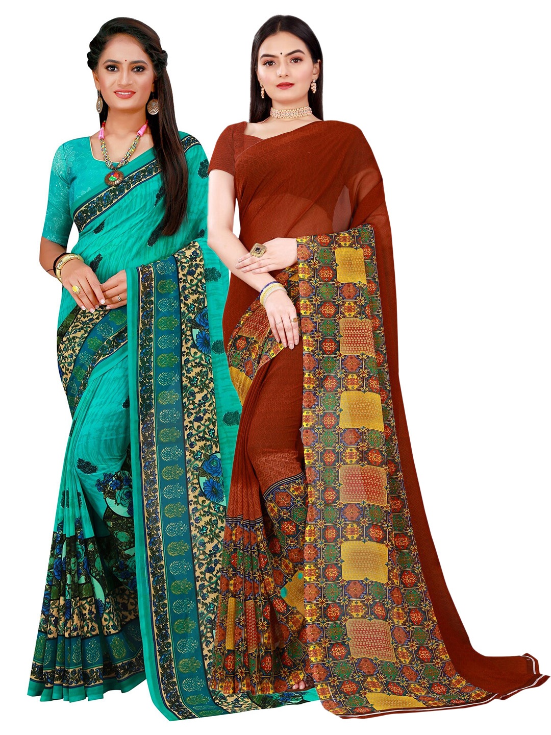 

SAADHVI Brown & Green Pack Of 2 Pure Georgette Saree