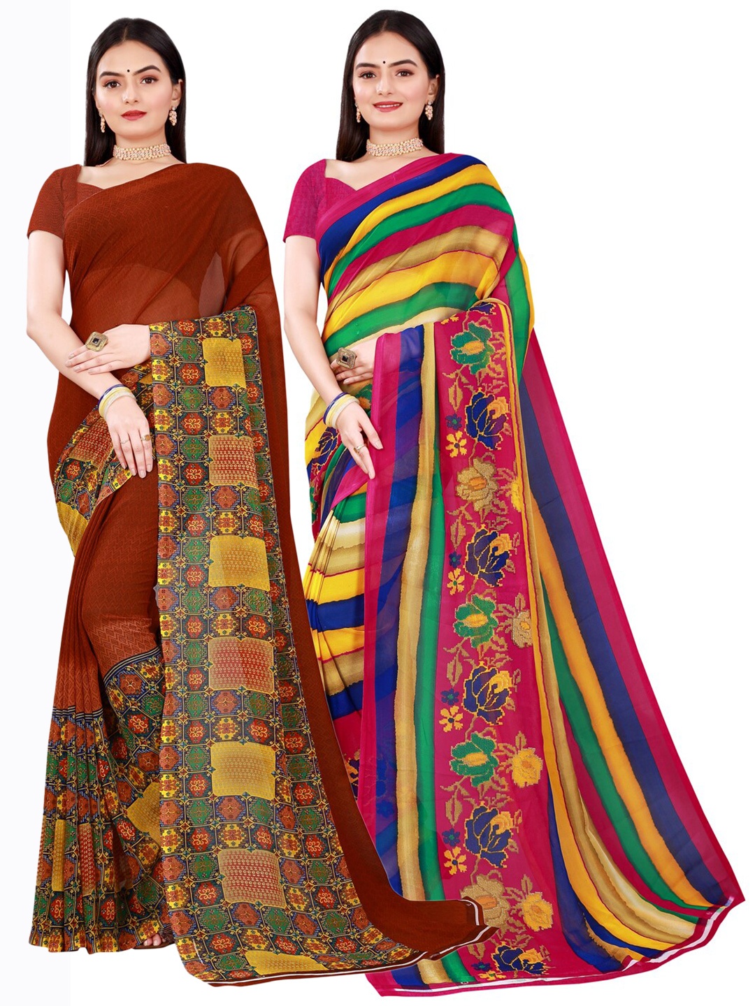 

SAADHVI Pack Of 2 Brown & Yellow Pure Georgette Saree