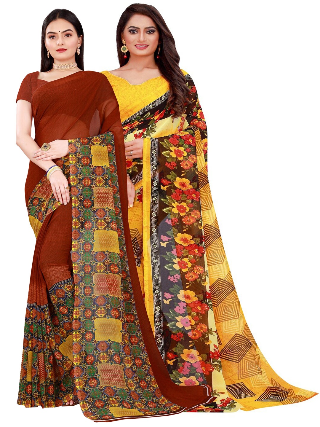 

SAADHVI Yellow & Brown Pack of 2 Floral Pure Georgette Saree