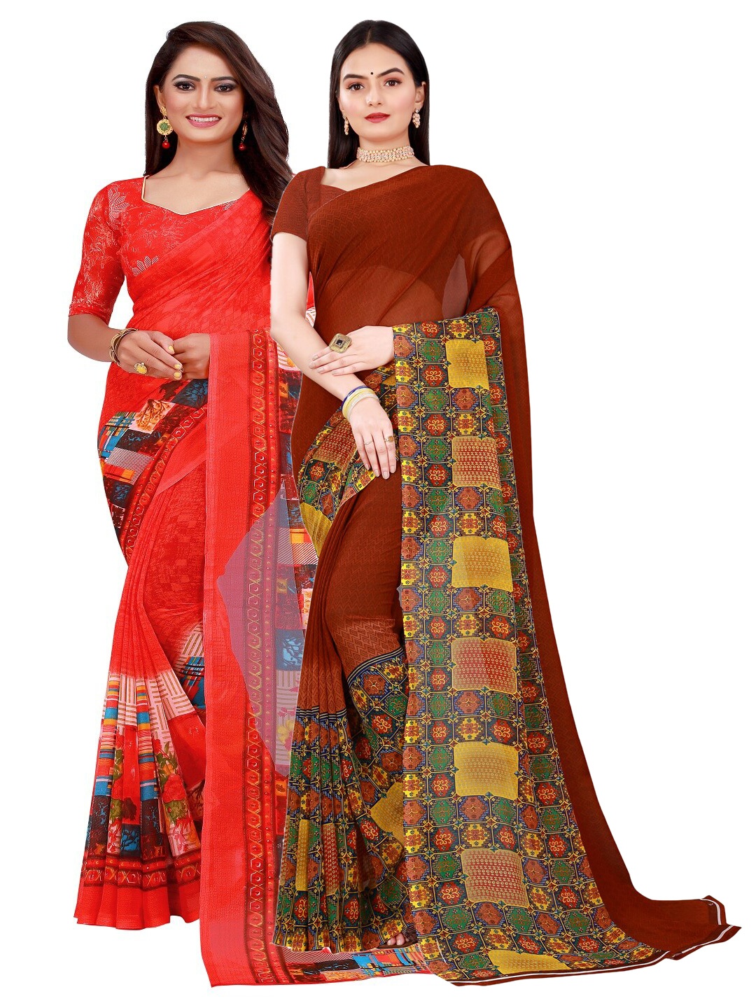 

SAADHVI Brown & Red Pure Georgette Saree