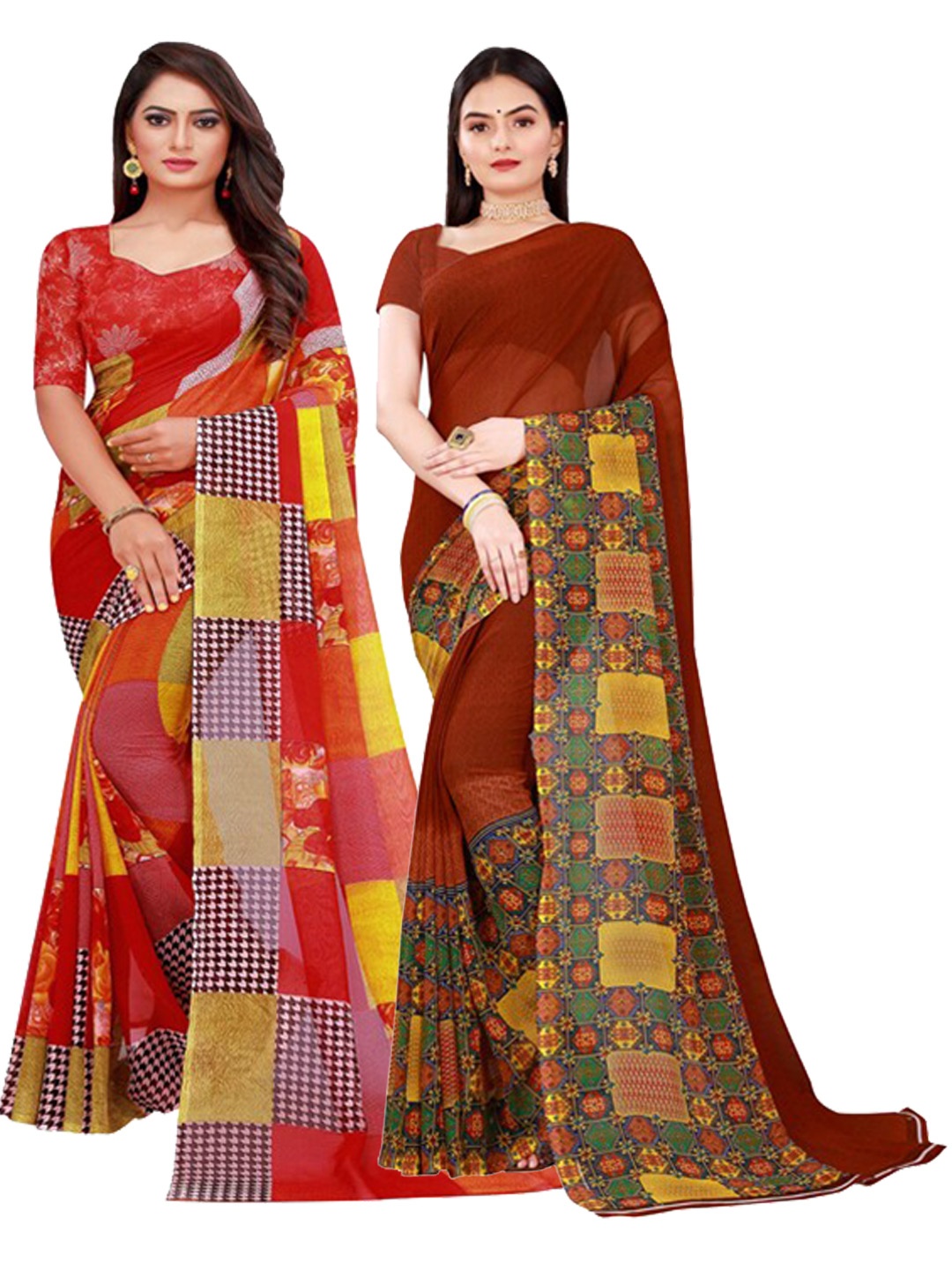 

SAADHVI Pack of 2 Brown & Red Pure Georgette Saree