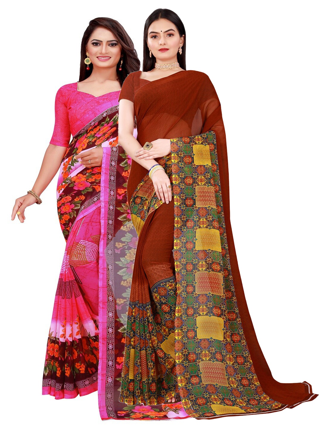 

SAADHVI Set Of 2 Brown & Pink Floral Pure Georgette Saree