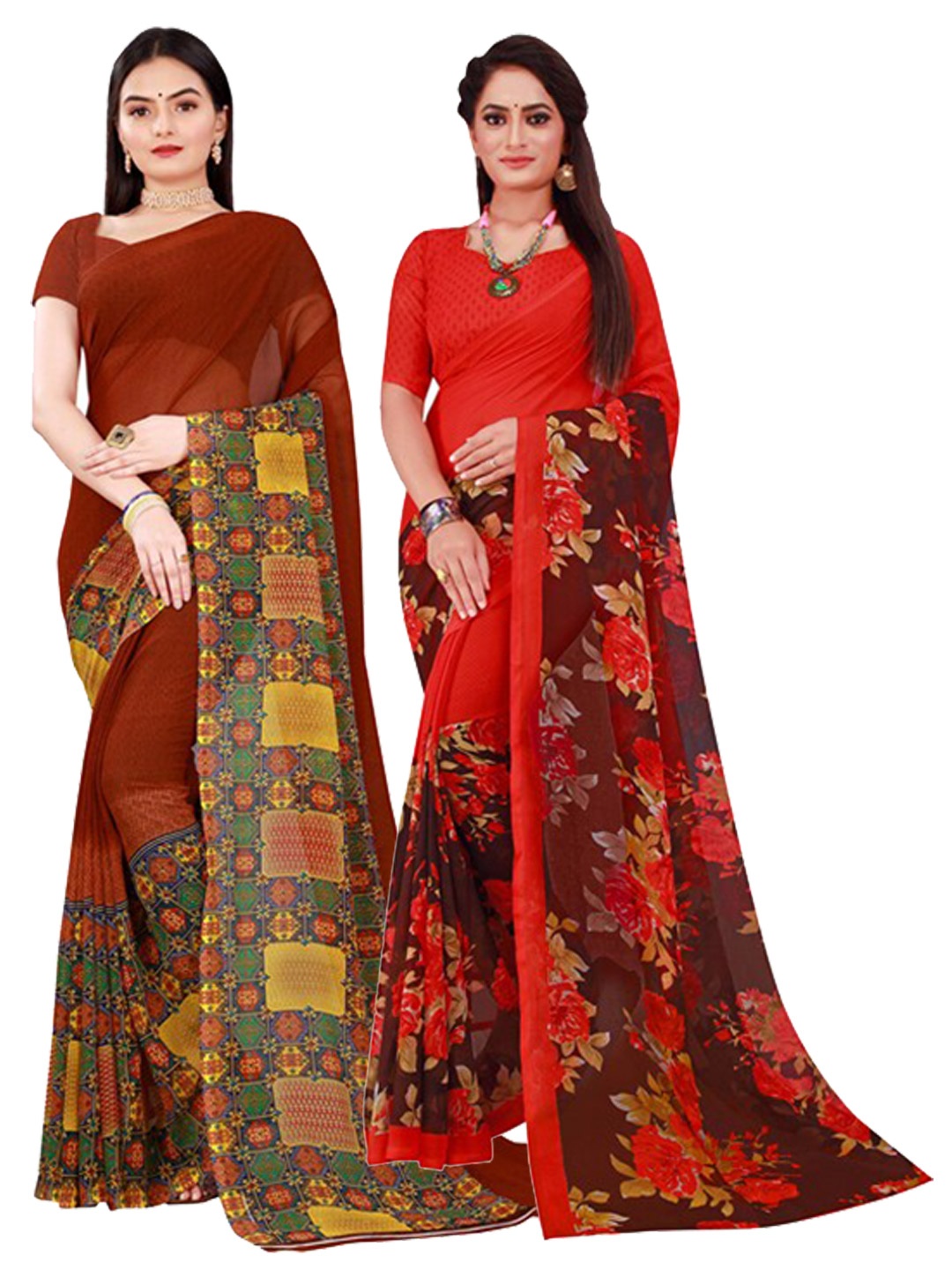 

SAADHVI Set Of 2 Brown & Red Floral Pure Georgette Sarees