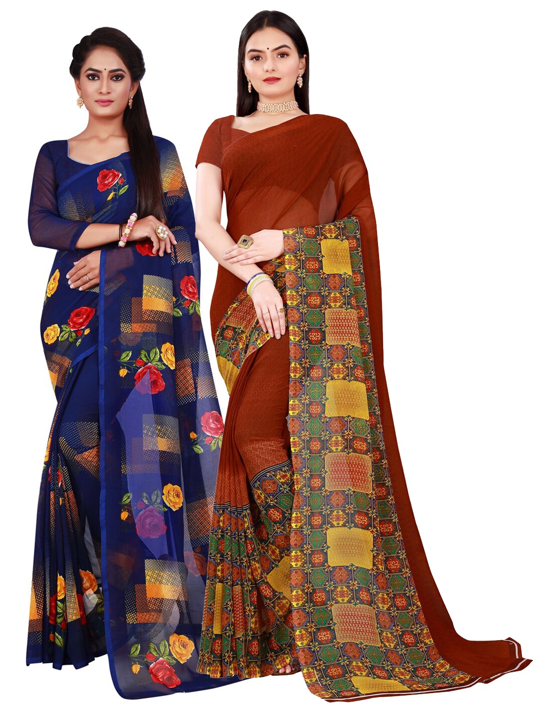 

SAADHVI Pack of 2 Brown & Navy Blue Pure Georgette Saree