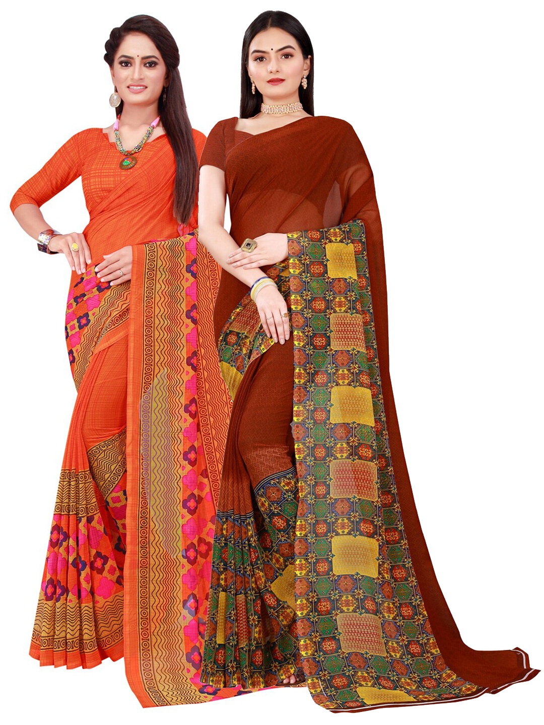 

SAADHVI Women Pack Of 2 Orange & Brown Printed Pure Georgette Saree