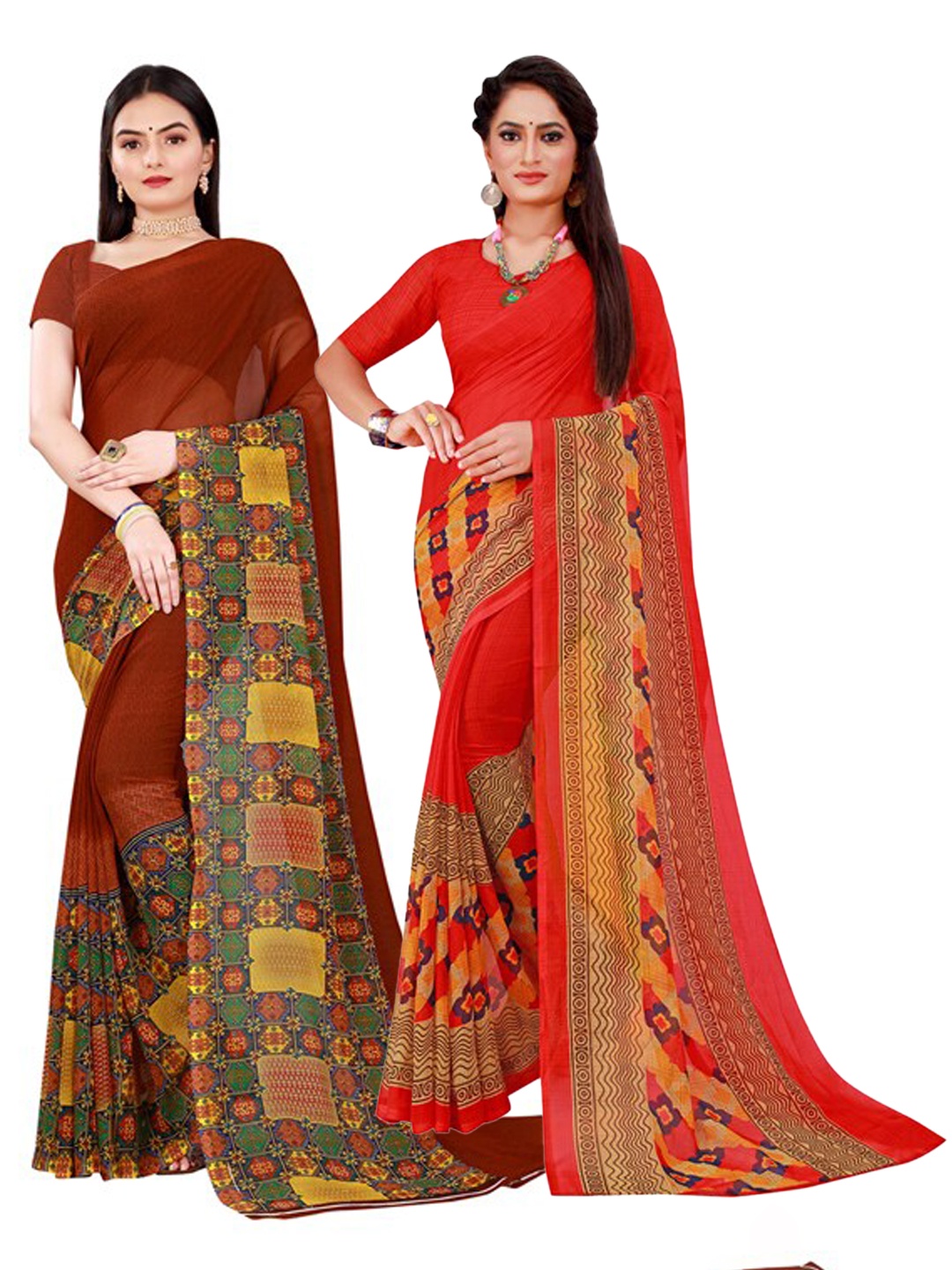 

SAADHVI Pack of 2 Red & Brown Pure Georgette Saree