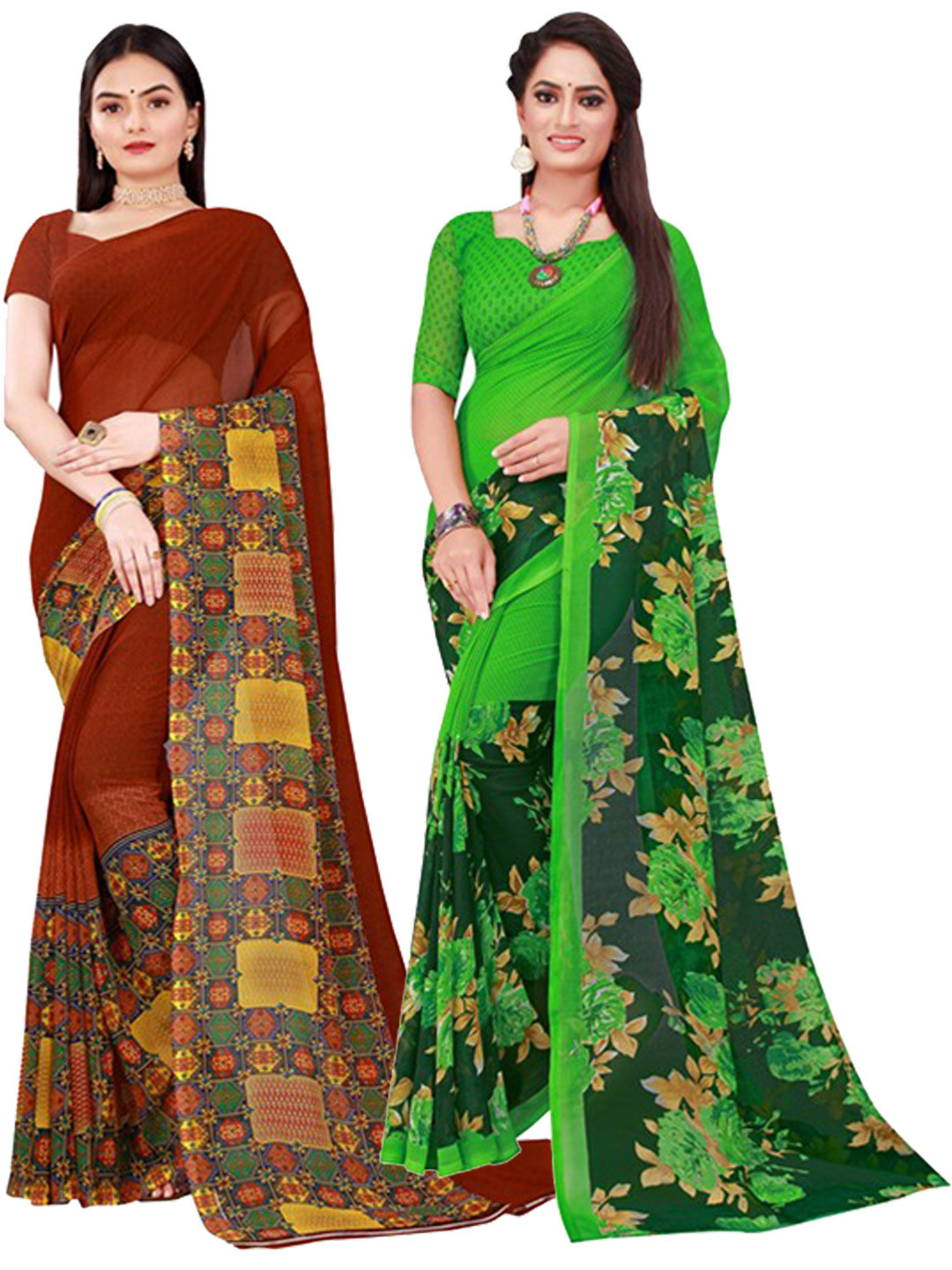 

SAADHVI Brown & Green Set Of 2 Printed Pure Georgette Saree