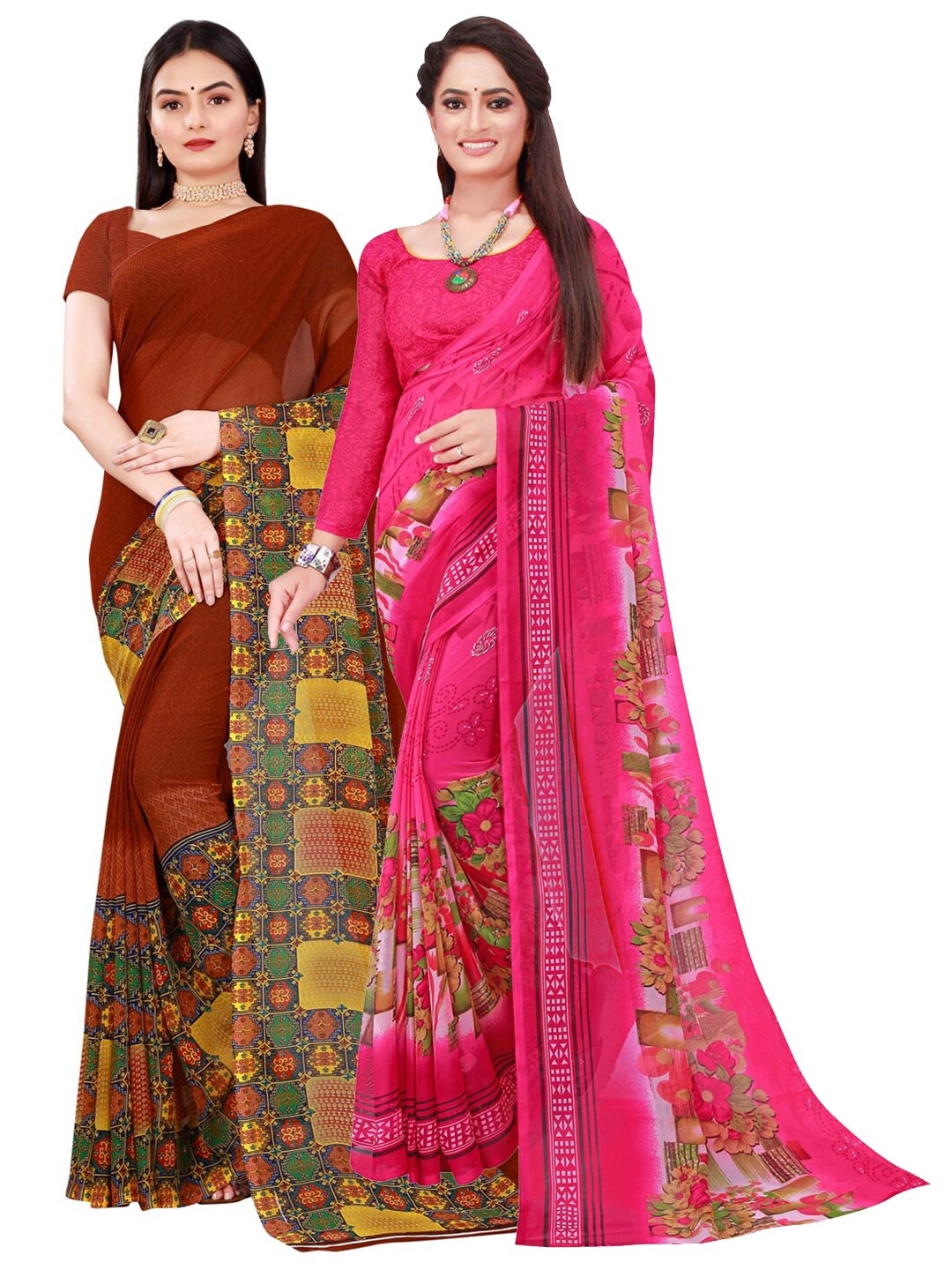 

SAADHVI Pack of 2 Brown & Pink Pure Georgette Sarees