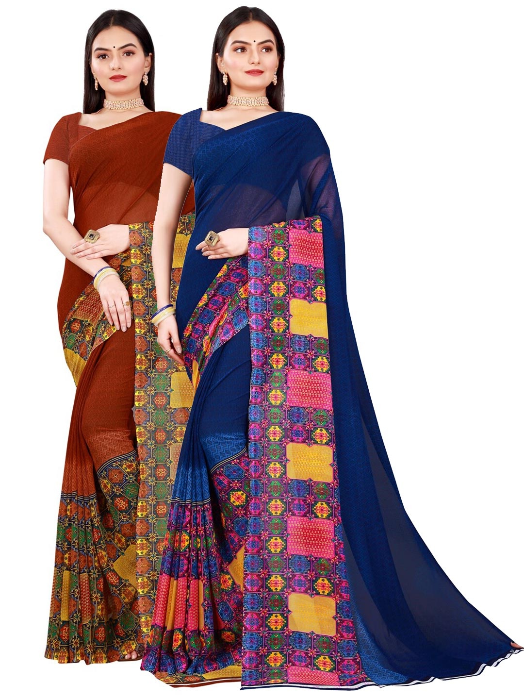 

SAADHVI Brown & Navy Blue Pack Of 2 Pure Georgette Saree