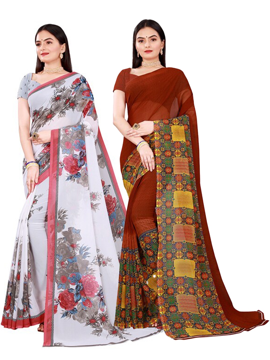 

SAADHVI Brown & White Pack of 2 Floral Pure Georgette Saree