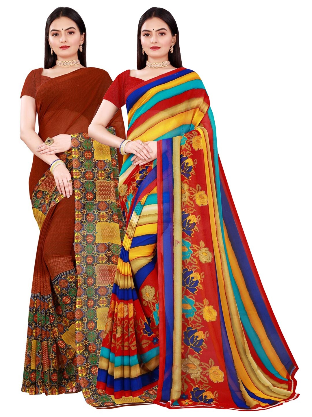 

SAADHVI Pack of 2 Brown & Yellow Striped Pure Georgette Saree