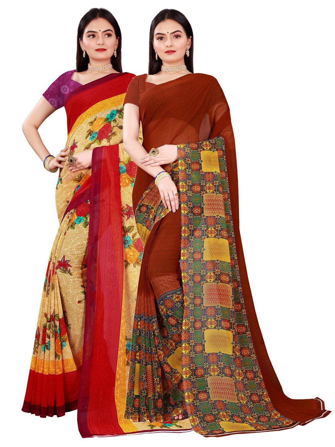 

SAADHVI Set Of 2 Beige & Brown Floral Pure Georgette Sarees