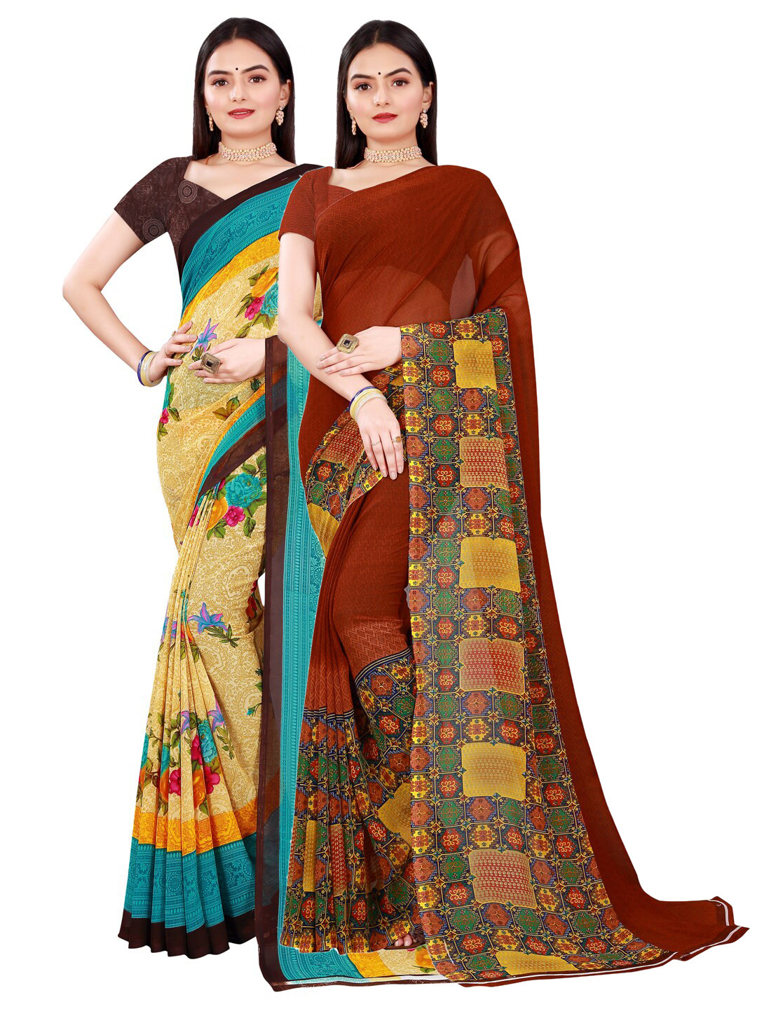 

SAADHVI Set Of 2 Beige & Brown Floral Pure Georgette Saree