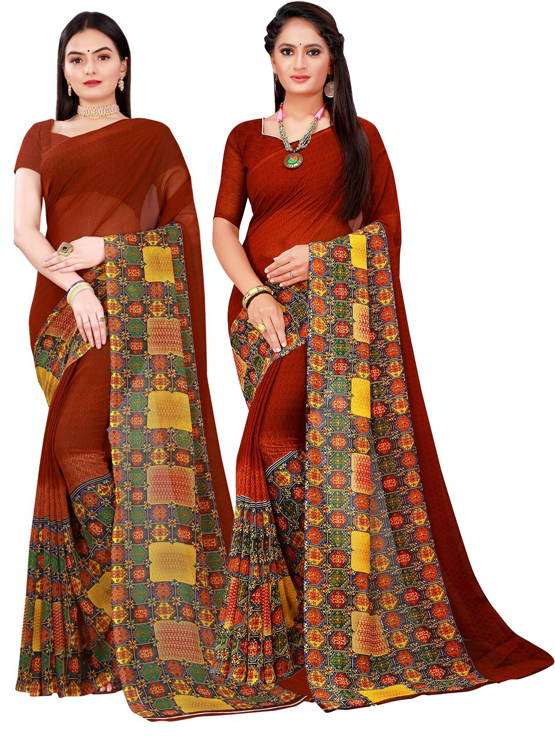 

SAADHVI Pack of 2 Brown & Green Pure Georgette Saree