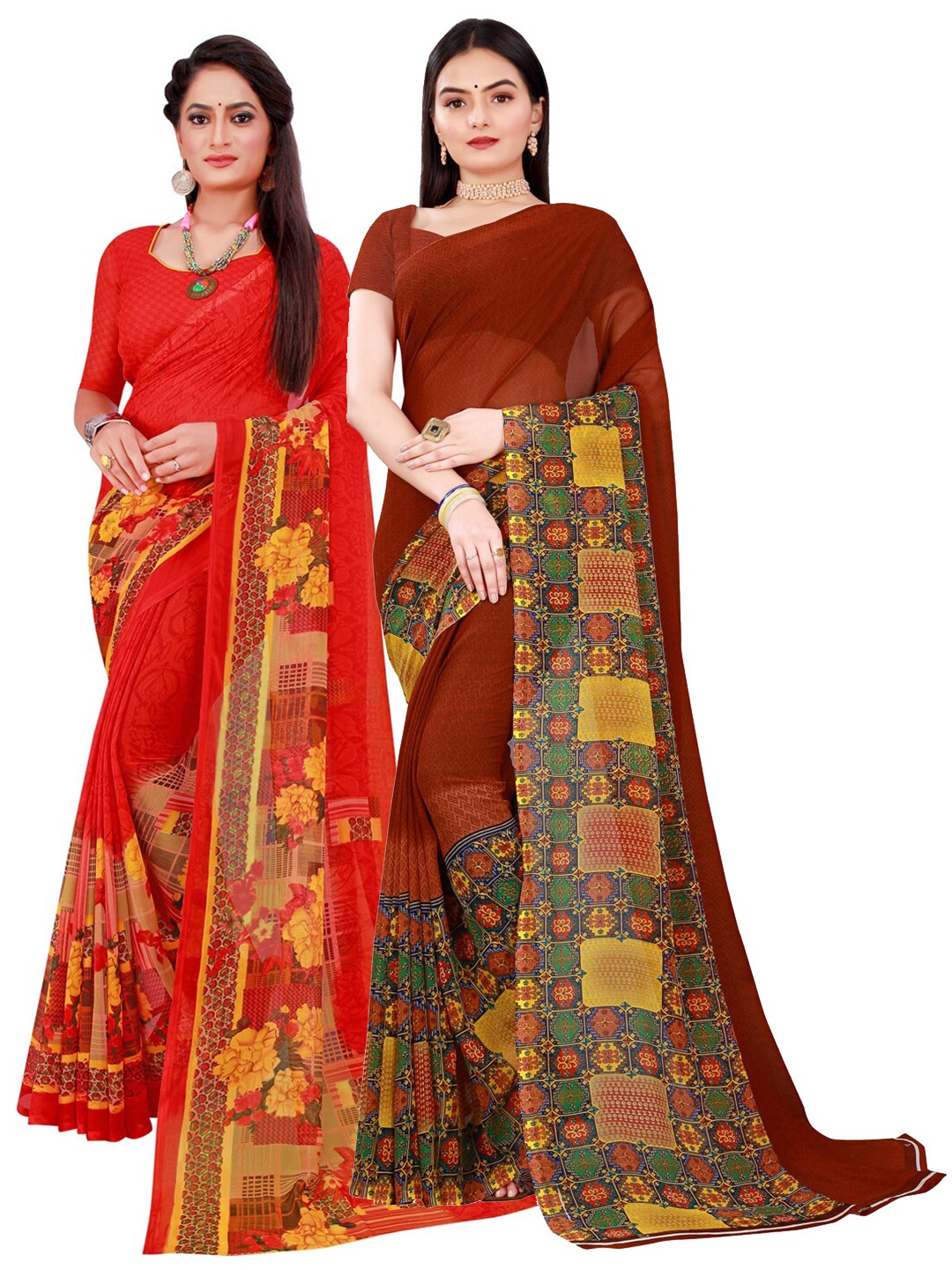 

SAADHVI Pack Of 2 Brown & Red Printed Pure Georgette Saree With Unstitched Blouse