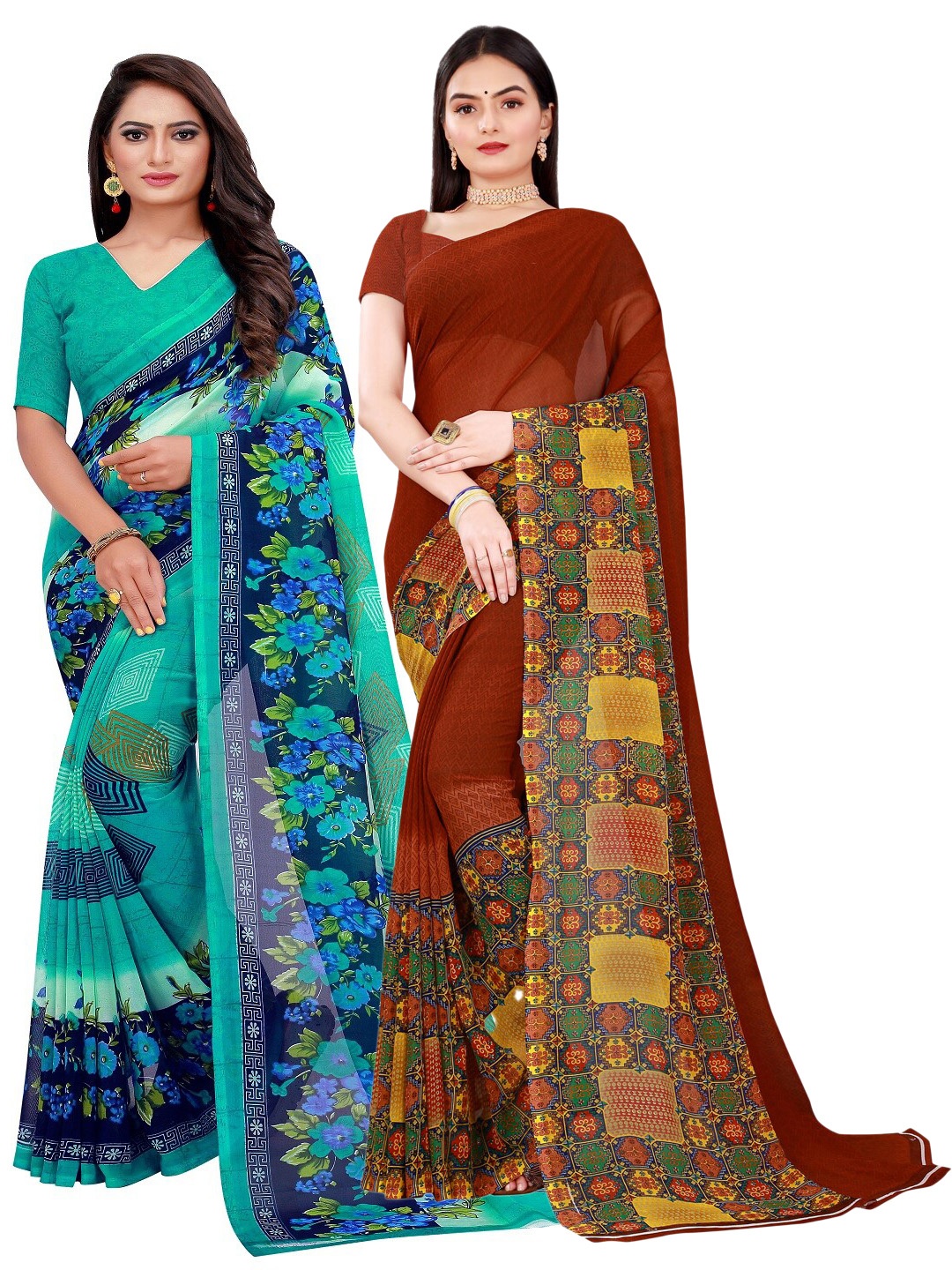 

SAADHVI Pack Of 2 Teal & Brown Floral Pure Georgette Saree